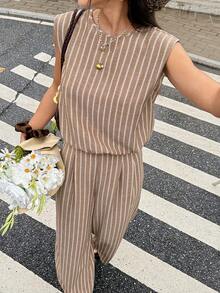 Serisse 女款夏季休閒度假日常通勤配色拼接條紋印花無袖上衣與寬腿長褲2件組 - 咖啡棕 - 查看 5