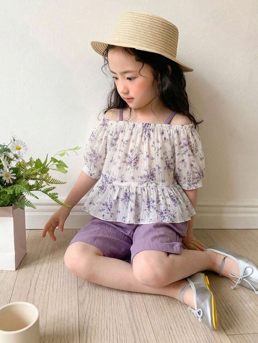 Dazy Kids Setelan 2 Potong Kemeja dan Celana Pendek Motif Bunga Kasual Musim Panas untuk Anak Perempuan - Mauve Purple - View 1
