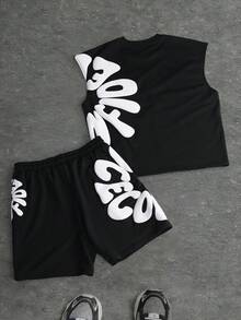 SLATEMANN Set Tank Top Leher Bulat Bermotif dan Celana Pendek Serut untuk Pria Ukuran Besar, Liburan - Hitam - View 2