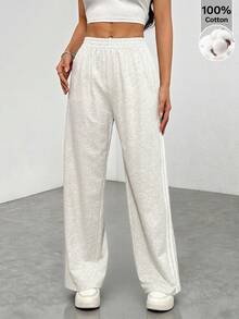 SHEIN PETITE Quần dài đen kẻ sọc bên hông, kiểu dáng đơn giản, thời trang hàng ngày, thích hợp cho lễ tốt nghiệp, trang phục tựu trường, lễ tốt nghiệp, trang phục giáo viên dành cho nữ, trang phục tựu trường. - Xám - Xem 7