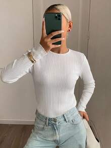 DAZY Ribbed Knit Lettuce Trim Tee,Fall Clothes Long Sleeve Women Tops - White - View 11