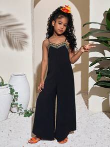 SHEIN Mono acampanado con escote de pico, parches y cinta para niña preadolescente, primavera/verano - Negro - Ver 4
