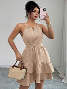Vestido elegante con escote halter, hombros con lazada y volantes en el bajo para tallas grandes - Albaricoque - Ver 6