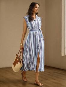 Briarwyn Vestido de moda a rayas de mujer con botones simples y cordones - Multicolor - Ver 3