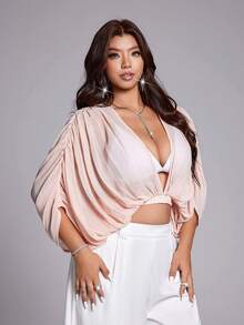 Viva Relle Plus Size Light Pink Chiffon Ruched Puff Sleeve Cropped Blouse, Sexy Style Loose Batwing Sleeve Waist-Baring Top, Gentle Style, Vacation Style, Date, Summer New Arrival - Pink - View 2