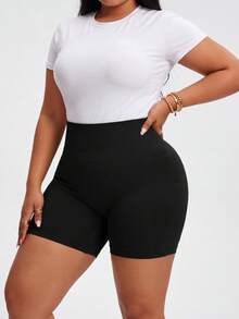 Rhythm Era 2pcs/Set Plus Size Women Black & Chocolate Brown Seamless High Waist Yoga Shorts,Summer Athletic Curve Midsize Gym Opaque High Elasticity Fitness - Multicolor - View 4