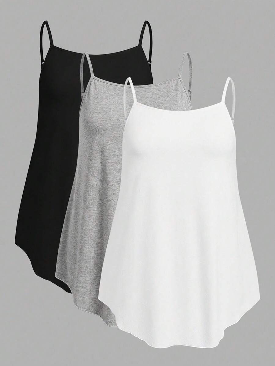 SHEIN EZwear 3件套加大码纯色吊带背心,黑色+白色+浅灰色,适合夏季 - 彩色 - 查看 1