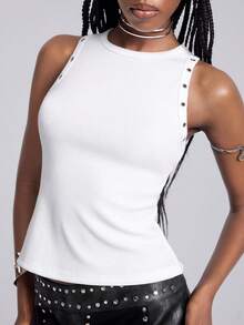 Airlisse Women Summer Punk White Rib Racer Back Tank, Double Shoulder Metal Rivets Large Back Cut Out With Adjustable Buckle Belt Slim Cropped Y2K  Top - White - View 4
