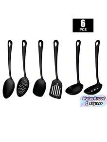 6Pcs Stainless Steel Serving Utensil Set, Including Soup Spoons, Serving Spoons, And Serving Spatulas, Suitable For Home Kitchens, Hotel Buffets, And Banquets. - Black - View 1