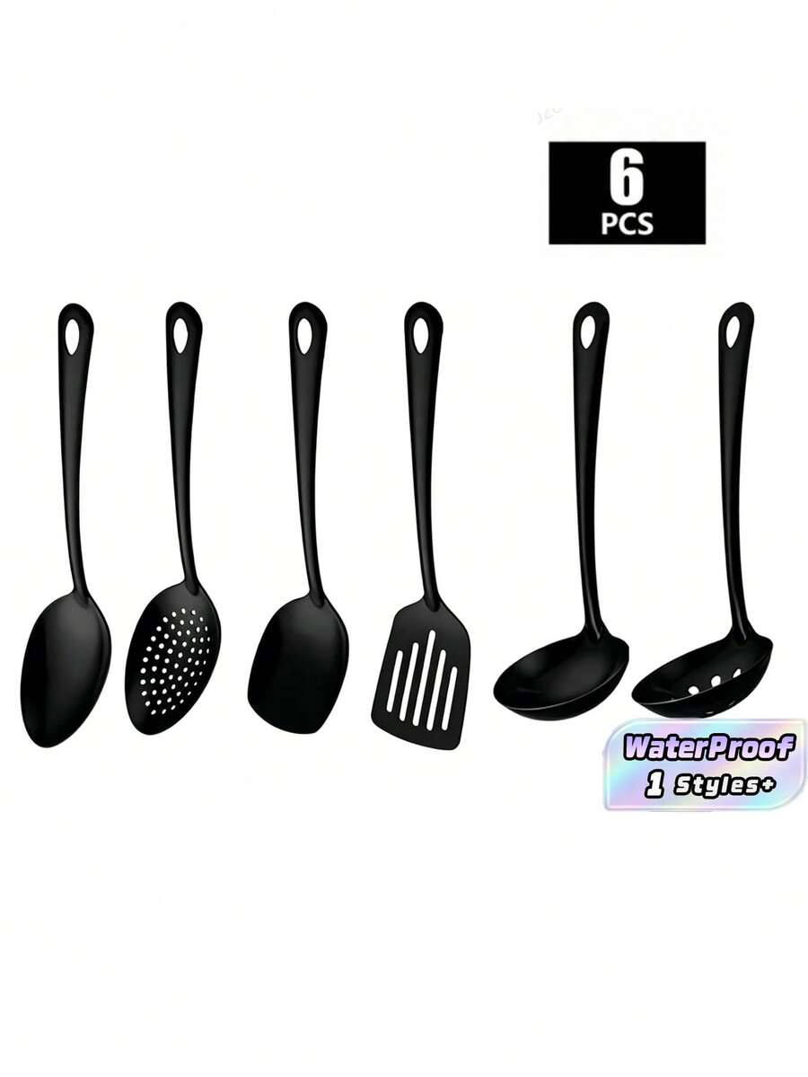 6Pcs Stainless Steel Serving Utensil Set, Including Soup Spoons, Serving Spoons, And Serving Spatulas, Suitable For Home Kitchens, Hotel Buffets, And Banquets. - Black - View 1