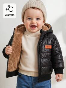 SHEIN Playful Pals 1 chiếc áo khoác mùa đông cho bé trai, trẻ em, đắp chữ, lót lông gấu bông, lông xù, khóa kéo toàn thân, có túi, có mũ, mặc ngoài, màu đen, phong cách Cowboy Club, mặc ngoài trời hàng ngày - màu nâu - Xem 3