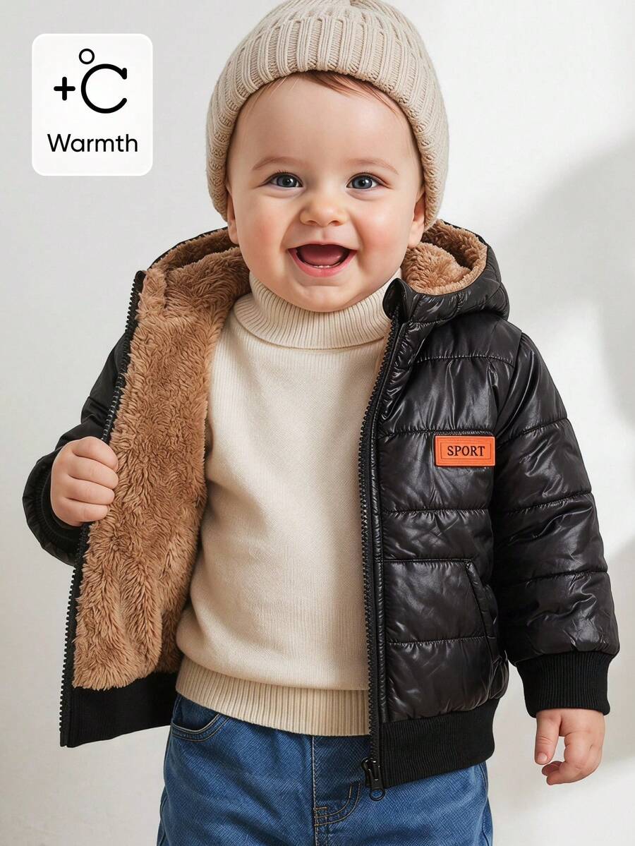 SHEIN Playful Pals 1件男嬰童字母貼布泰迪絨裡毛茸茸全拉鍊連帽口袋冬外套,黑色牛仔風戶外日常穿搭外套 - 棕色 - 查看 1