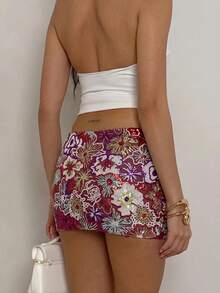 Glamine Falda ultra corta ajustada sexy con bordado floral de lentejuelas - Burdeos - Ver 2