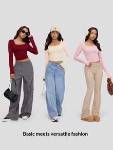 SHEIN BASICS 3件組純色針織長袖修身方領短版女款T恤，酒紅、淺粉、米色，秋季返校畢業校園風 - 彩色 - 查看 10