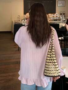 Dazy Plus 條紋寬鬆長袖荷葉邊休閒度假夏季女裝襯衫 粉色女孩休閒大尺碼女款 春夏秋季襯衫 - 粉色 - 查看 5