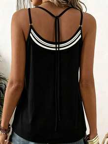 EMERY ROSE Women's Summer Casual Vacation Colorblock Striped Print Double Strap Camisole Tank Top - Black - View 2