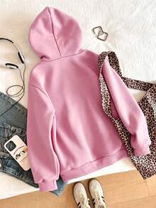 SHEIN 青少年女孩休閒街頭風保暖內裡豹紋帽子，適合學校與日常穿著 - 粉色 - 查看 2