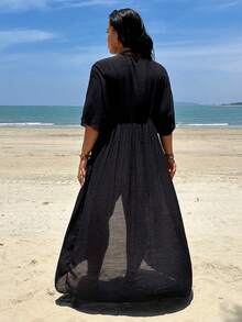 Swim Lushoire Plus Size 2026 Spring/Summer New Long Sexy Boho Casual Beach Front Tie Kimono Cover Up - Black - View 2