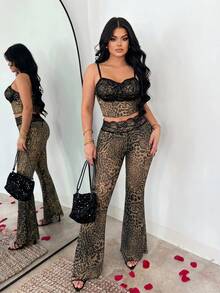 SHEIN SXY Summer Sexy Lace Patchwork Animal Print Cropped Camisole Flare Pants Club Night Out Party Beige Leopard Print - Multicolor - View 4