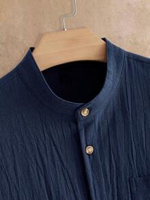 HIMLAND Men's Solid Color Short Sleeve Shirt And Long Pants Set - Navy Blue - View 4