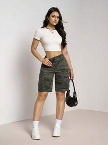 SHEIN Tall Shorts de mezclilla de cintura alta con bolsillos casuales para mujeres altas - Multicolor - Ver 5