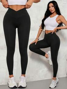 SHEIN PETITE Women's Solid Color V-Waist Elastic Skinny Pants - Black - View 1