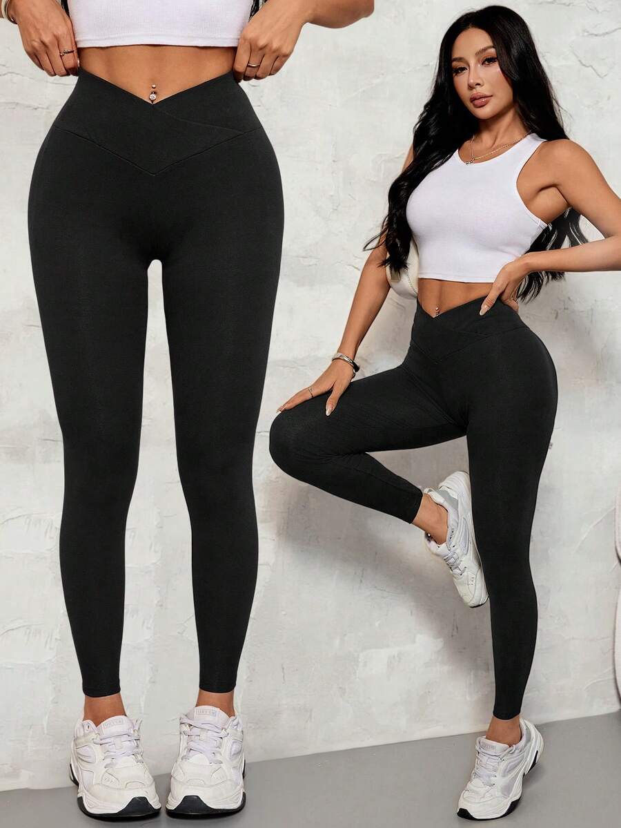 SHEIN PETITE Women's Solid Color V-Waist Elastic Skinny Pants - Black - View 1