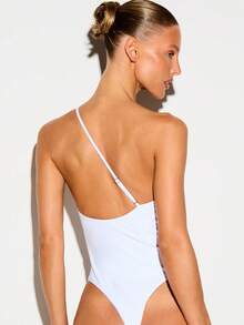 KIZN One-Shoulder Floral Applique Keyhole One-Piece Swimsuit With Spaghetti Strap And High-Cut Leg For Beach Vacation Summer - White - View 3
