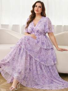 Reflora Plus Size Women Elegant Floral Print Dress - Mauve Purple - View 1
