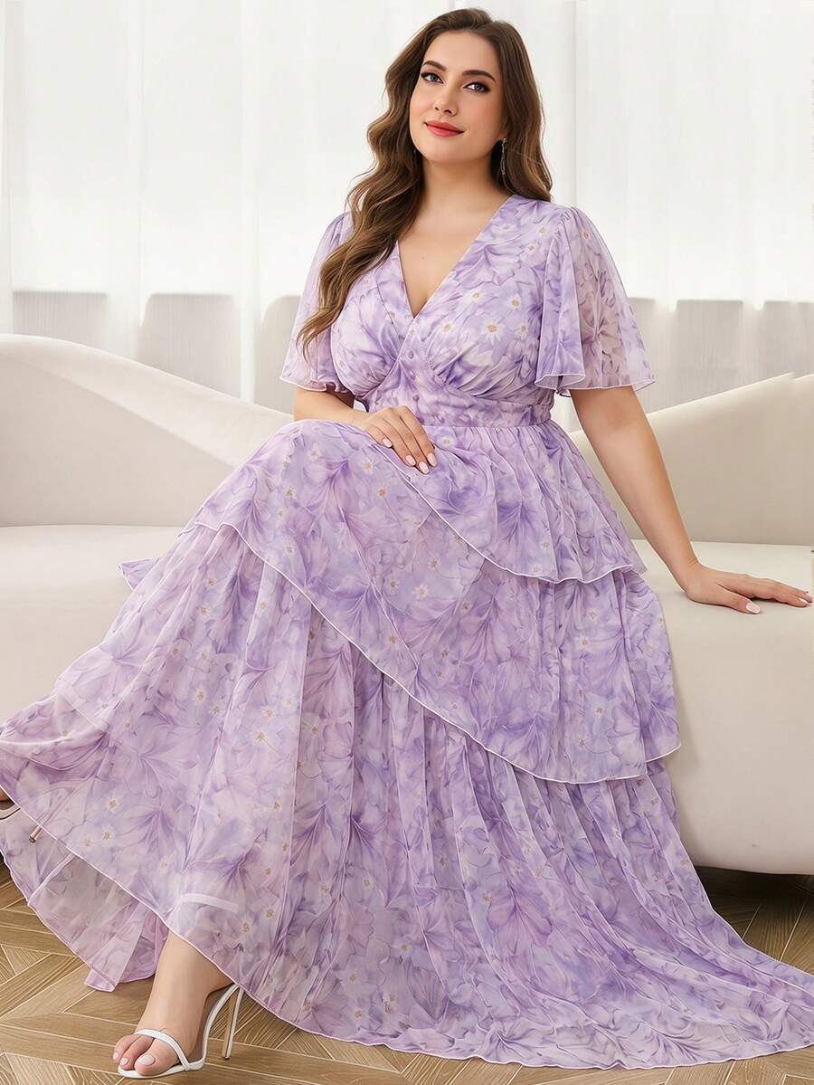 Reflora Plus Size Women Elegant Floral Print Dress - Mauve Purple - View 1