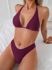 Swim Mod Women's Summer Beach Solid Color Halter Tie Sexy Bikini Swimsuit Set - Red - View 3