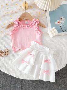 SHEIN Playful Pals 嬰幼女童可愛輕便度假套裝，荷葉邊背心搭配燈籠袖拼接蛋糕裙，飾有手工編織3D花朵 - 粉色 - 查看 3
