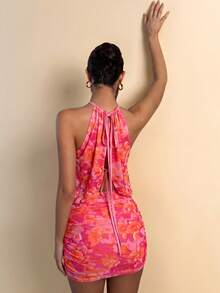 Vestido mini elegante de mujer con estampado floral y cuello halter, para verano IJNB - Rosado Sandía - Ver 2