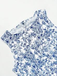 SHEIN Clasi 女士休闲无袖连体裤，系带领口，印花图案 - 藍白色 - 查看 7