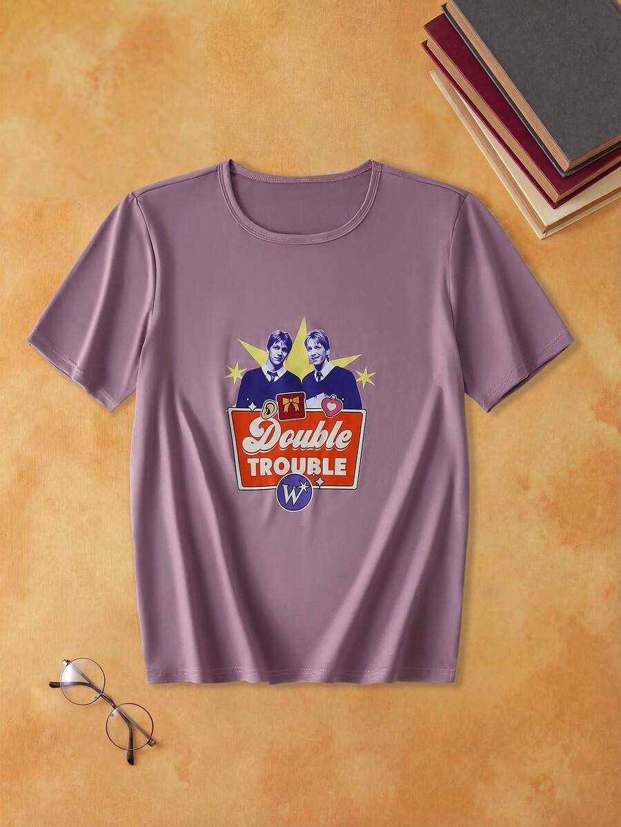 Notgurli HARRY POTTER X SHEIN Atasan Pria Lengan Pendek Kerah Bulat Warna Polos dengan Motif Karakter dan Huruf - Purple - View 1