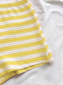 Soleia Casual Halter V-Neck Tie Back Textured Fabric Red Tank Top Women's Vacation Spring/Summer Red And White Striped Knit Asymmetric Neck Fitted Top And Ultra Low Waist Tight Shorts 2pcs Set Party Christmas Valentine's Day Date Beach Cruise Vacation Carnival Easter 2pcs Set, Soft Fabric - Pale Yellow - View 5