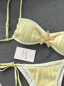 Swim Basics Set Baju Renang Bikini Wanita Terbaru Musim Panas Warna Polos, Trim Metalik Laut, Kain Bertekstur, Desain Tepi Tenun, Set Bikini Seksi untuk Liburan Pantai - Kuning muda - View 1