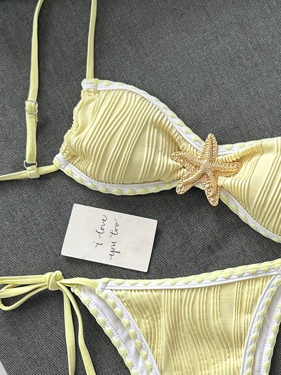 Swim Basics Set Baju Renang Bikini Wanita Terbaru Musim Panas Warna Polos, Trim Metalik Laut, Kain Bertekstur, Desain Tepi Tenun, Set Bikini Seksi untuk Liburan Pantai - Kuning muda - View 1