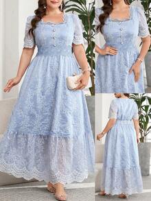 Reflora Plus Size Elegant Square Neck Short Sleeve Dress - Blue - View 2