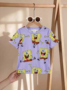 SpongeBob SquarePants | SHEIN 少女夏季休閒卡通印花T恤 - 紫色 - 查看 2
