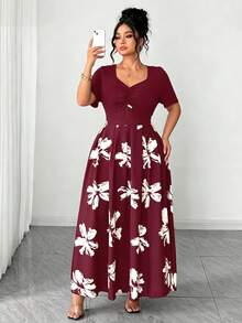 Elenzga Große Größen Lässig Urlaub Pendeln Patchwork Blumenmuster gerafftes Bustier Kleid - Bordeaux - Übersicht 7