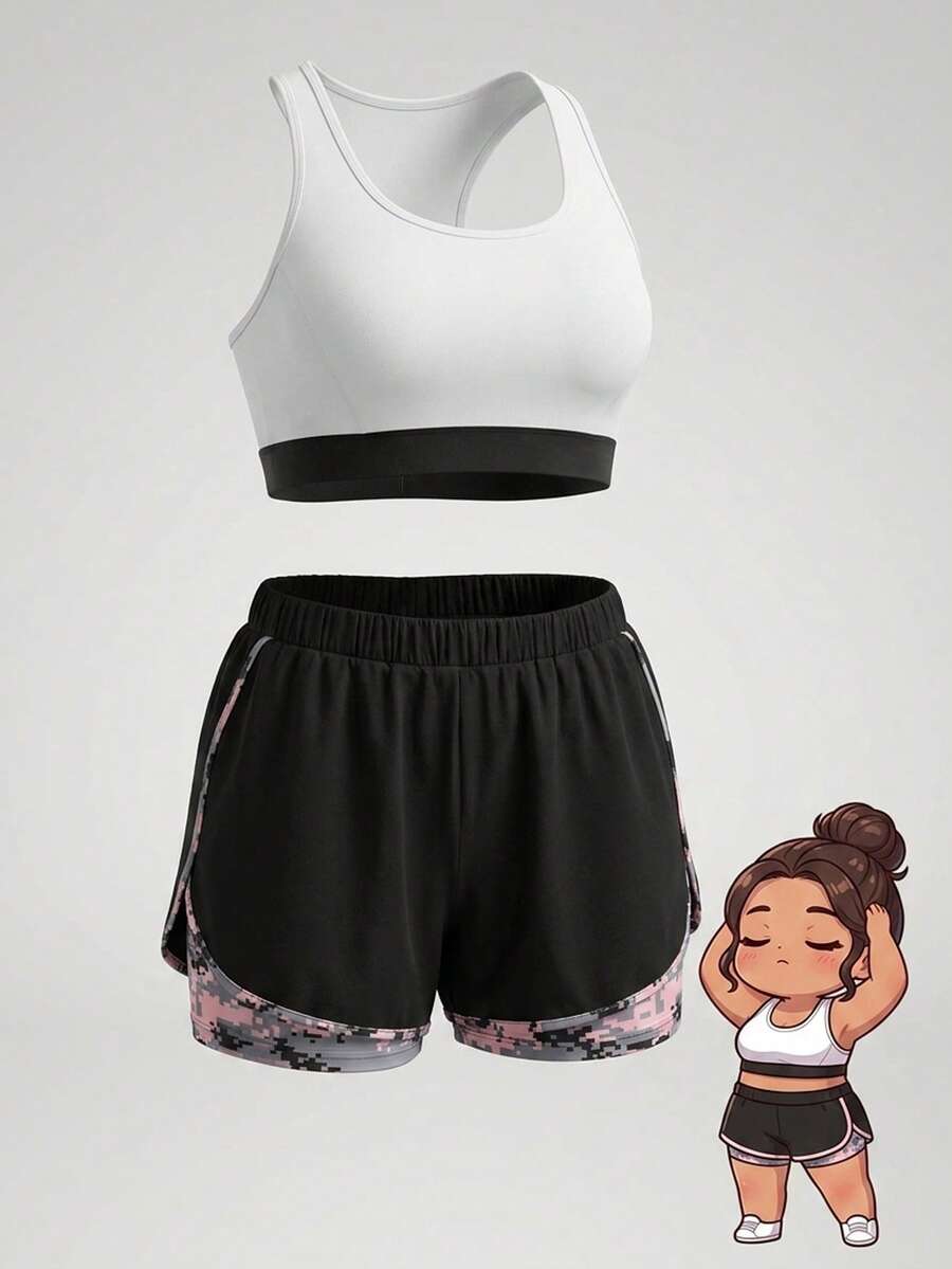 SHEIN Plus Size Camo Print 2 In 1 Sports Shorts Shorts Sweater Shorts - Black - View 1