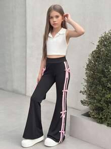 SHEIN Nova Glow Tween Girls Side Stripe Flared Casual Pants, Contrast Color Ribbon & Bow Accent, Back-To-School & Everyday Wear - Black - View 3