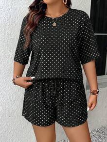 SHEIN Frenchy Set 2 Potong Kaos dan Celana Pendek Liburan Musim Panas Terbaru Ukuran Plus - Hitam - View 6