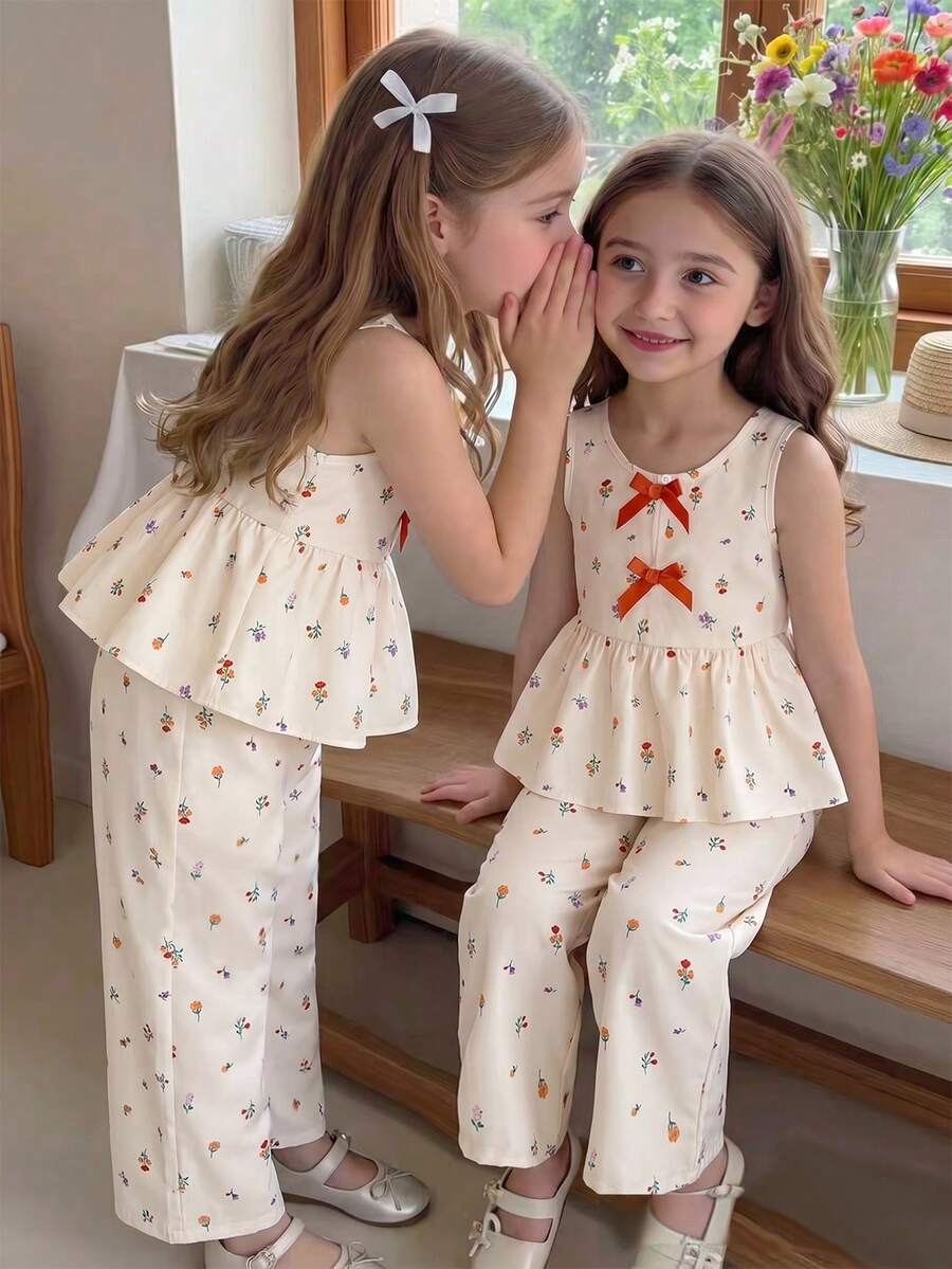 SHEIN Elladie kids 女童两件套碎花套装：橙色蝴蝶结装饰无袖上衣 + 同色系阔腿裤，甜美可爱夏季休闲装