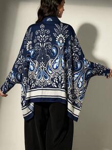 Frievida Kemeja Wanita Gaya Liburan Lengan Panjang Longgar dengan Desain Blok Warna Vintage Elegan untuk Komuter dan Syal Persegi di Bagian Bawah Lengan. - Navy Blue - View 2