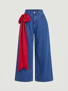 SHEIN MOD Plus Size Women's Zipper Fly Side 3D Bow Decor Loose Wide Leg Jeans - Blue - View 3
