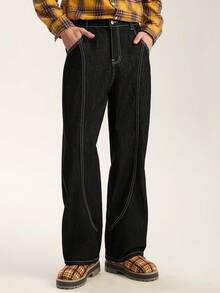 Limitiso Men's Casual Fashion Street Contrast Stitch Loose Wide-Leg Jeans, Belt Not Included, Grunge - Black - View 4