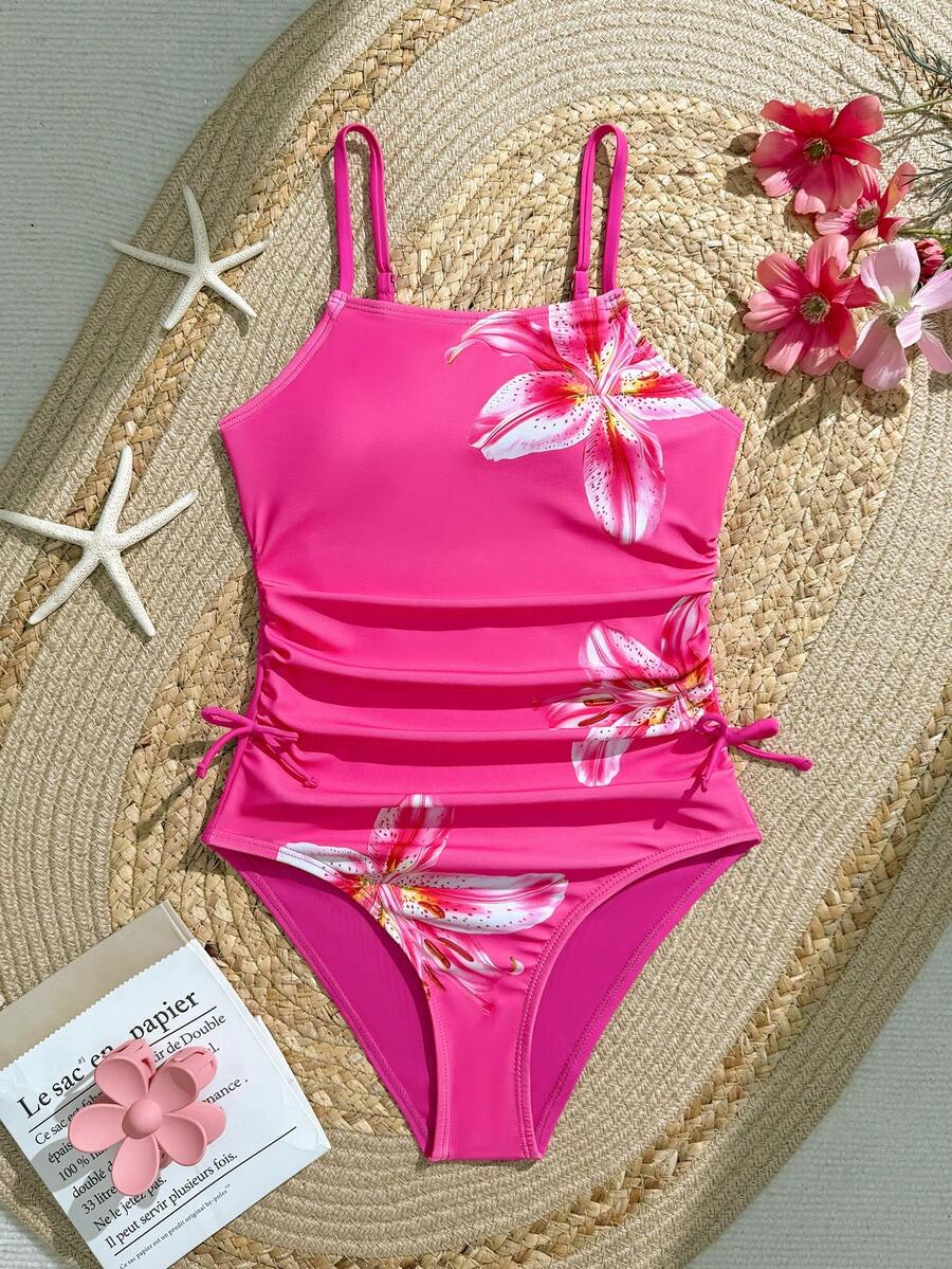 SHEIN 青少年女孩百合花印花連身泳衣,適合夏季度假、海灘、海濱、泳池 - 粉色 - 查看 1