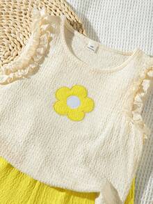 Girls'Cute Floral Embroidery Ruffle Hem Vest And Shorts 2 Pieces Set,Textured Fabric,Beige,Butteryellow Summer Beach Vacation Daily Outfits - Multicolor - View 5
